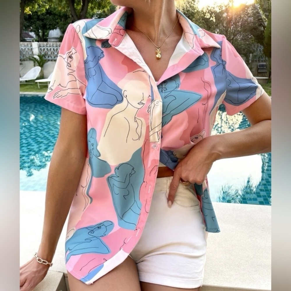 Pink and Blue Abstract Woman Art Print Button Down Short Sleeve Shirt Size S